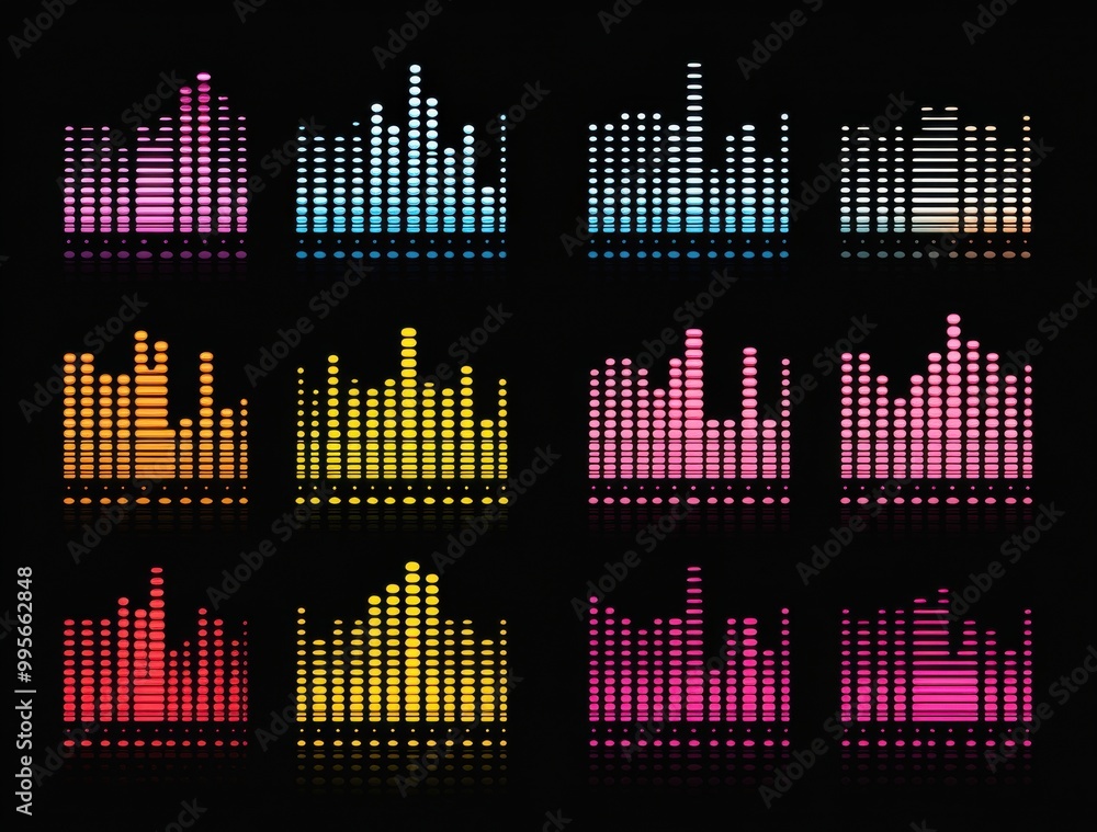 Aufkleber vibrant set of colorful music equalizer waveforms in various colors on a dark background