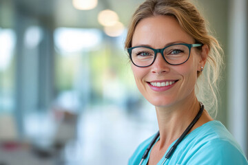 Photo of confident female doctor in hospital, looking at camera with smile.