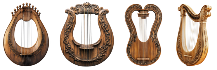 four ornate wooden harps showcasing different designs transparent background