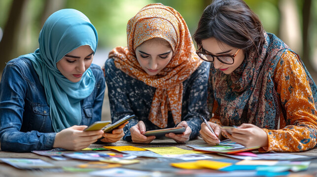 Three women engaged in creative activities outdoors, using smartphones and reviewing colorful materials in a natural setting.