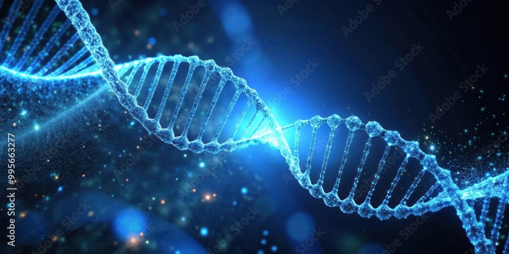 Poster of rotating DNA glowing molecule with blue background, DNA, molecule, rotating, glowing, , science