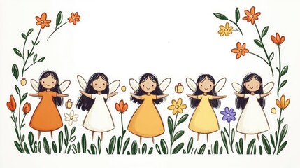 Five Cute Fairies in a Garden