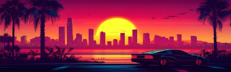 A synthwave background with palm trees and the sun setting behind an urban skyline, featuring retro-futuristic elements like vintage cars and neon lights