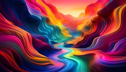 surreal canyon with rainbow-colored layers and luminous river, mesmerizing abstract nature landscape in vivid, neon-inspired colors for fantasy artwork