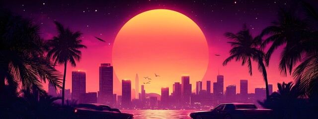 A synthwave background with palm trees and the sun setting behind an urban skyline, featuring retro-futuristic elements like vintage cars and neon lights
