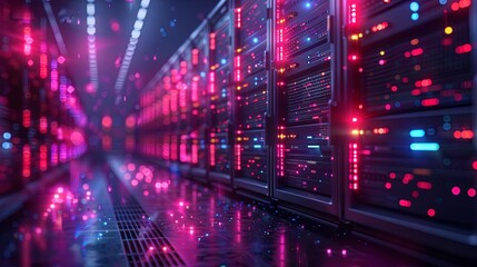 Fototapeta premium Working Data Center Full of Rack Servers and Supercomputers, Modern Telecommunications, Artificial Intelligence, Supercomputer Technology Concept.3d rendering,conceptual image