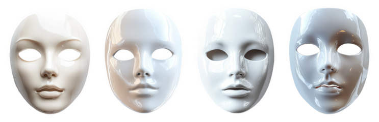 four white porcelain masks displaying different expressions transparent background