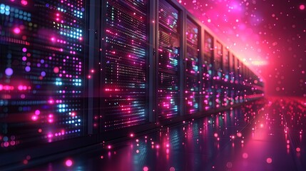 Working Data Center Full of Rack Servers and Supercomputers, Modern Telecommunications, Artificial Intelligence, Supercomputer Technology Concept.3d rendering,conceptual image