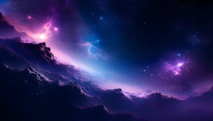 mystical purple-blue cosmic vista with mountains, stars, and nebula lights, a serene outer space background for fantasy or sci-fi visuals