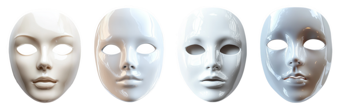four white porcelain masks displaying different expressions transparent background