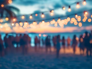 Blured Unfocused Beach Party with String Lights at Sunset
