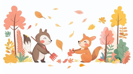 Fototapeta premium Autumn activities, animals raking leaves, flat design illustration