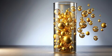 Golden science bubbles floating in beaker, science, bubbles, liquid, chemistry, experiment, laboratory, gold, yellow