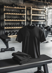 Naklejka premium Minimalist underground gym scene with black t-shirt and dumbbell on bench, perfect for fitness apparel and workout equipment marketing. High quality photo