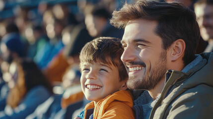 Happy father and son in the stands of the stadium at a football match