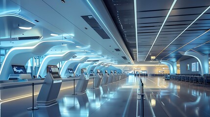 Futuristic airport check-in counter with sleek modern design and bright lighting for showcasing advanced travel technology efficient service and innovative transportation hub concept.