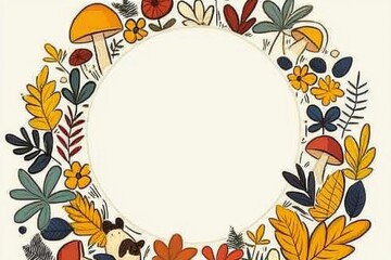 Fototapeta premium Floral and Mushroom Frame with White Center
