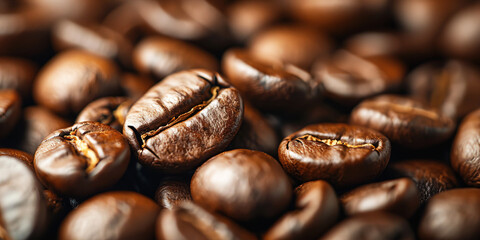 Coffee beans close-up macro, brown black caffeine ingredient texture.