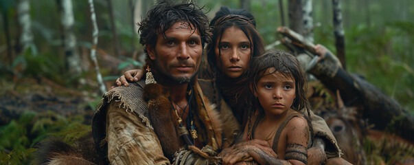 Obraz premium A primitive Neanderthal family with children in a wild Stone Age forest.
