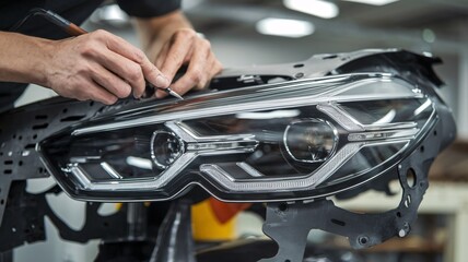 Expert Craftsmanship on Modern Car Headlight. A close-up shot of a skilled technician meticulously working on a sleek, modern car headlight, showcasing the intricate details. 