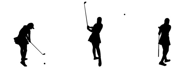Set of female golfers silhouettes. People playing golf in various styles isolated on white background.