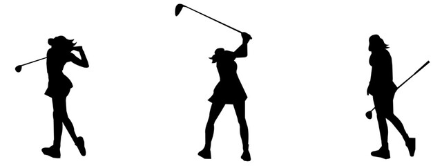 Vector set of female golf players silhouettes isolated in white background.