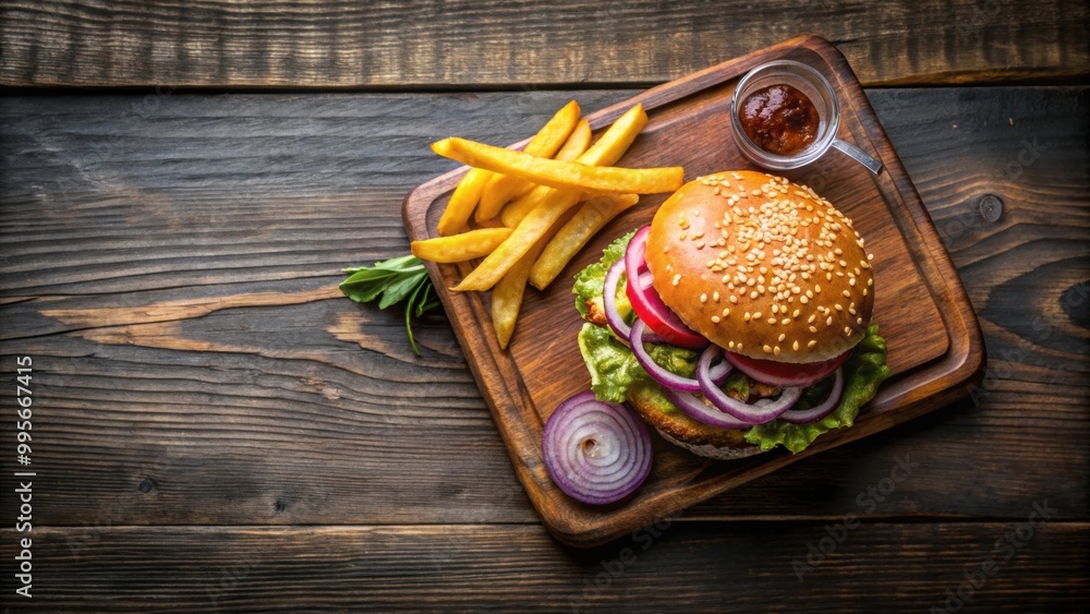 Sticker Burger served with french fries, pickles and onion on wooden board. Top view. Fast food concept, burger, hamburger