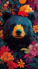 Playful, Textured pattern, a bear with bold, colorful patterns and layered textures in a dynamic design.