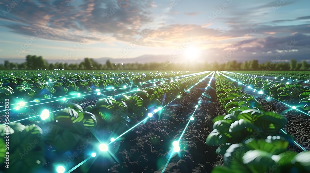 Poster digital network connects crops in a field with representing technological advancements in agricultur