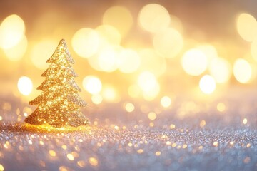 Naklejka premium Small glowing Christmas tree on a shimmering surface surrounded by golden bokeh lights creating a magical holiday scene
