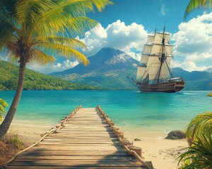 A wooden walkway leads to a calm turquoise ocean with a sailboat sailing by a lush green island. .