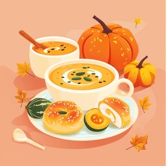 Autumn treats, squash soup and rolls, flat design illustration