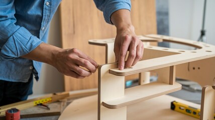Wooden Structure Assembly. A close-up of a person assembling a wooden structure, with tools and materials visible in the background.