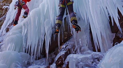 Detailed shot of ice climbing gear techniques on a frozen waterfall