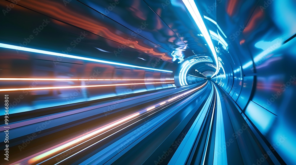 Poster a view from inside a futuristic tunnel with neon lights and a speeding train.