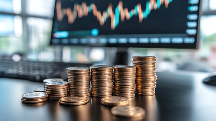 Stacks of coins near a monitor with a cryptographic chart on an office desk. Concept of investing, risking or saving money. Economic or financial background