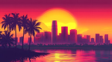 A synthwave background with palm trees and the sun setting behind an urban skyline, featuring retro-futuristic elements like vintage cars and neon lights