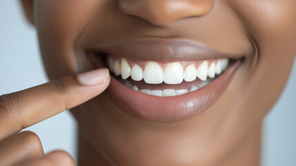 Obraz premium A close-up of a person's mouth, highlighting their white teeth and glossy lips. The individual is pointing to their teeth with one finger, emphasizing their dental health