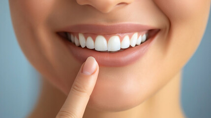 Obraz premium A close-up of a person's mouth, highlighting their white teeth and glossy lips. The individual is pointing to their teeth with one finger, emphasizing their dental health