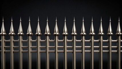 Metal fence with sharp spikes against black background, metal, fence, sharp, spikes, black, background, security, protection