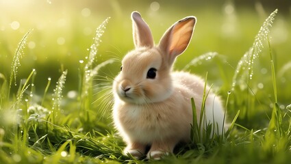 Obraz premium This captivating image features a rabbit sitting peacefully in a meadow adorned with delicate morning dew. The glistening droplets cling to the grass