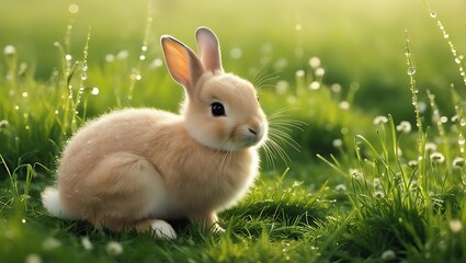 Obraz premium This captivating image features a rabbit sitting peacefully in a meadow adorned with delicate morning dew. The glistening droplets cling to the grass