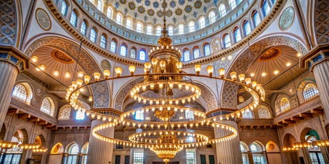 Fototapeta premium Chandelier hanging in the interior of a mosque, mosque, interior, Islamic, religious, architecture, design