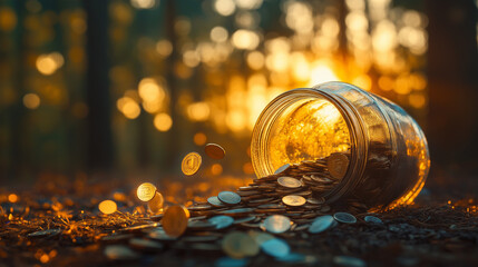 A clear glass jar tipped over on a forest floor, with a cascade of coins spilling out. The coins are illuminated by the golden hue of the setting or rising sun, creating a warm ambiance.