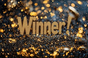 Celebration of victory with a sparkling golden winner announcement at an awards event honoring outstanding achievements