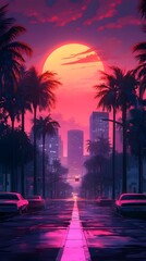 A synthwave background with palm trees and the sun setting behind an urban skyline, featuring retro-futuristic elements like vintage cars and neon lights