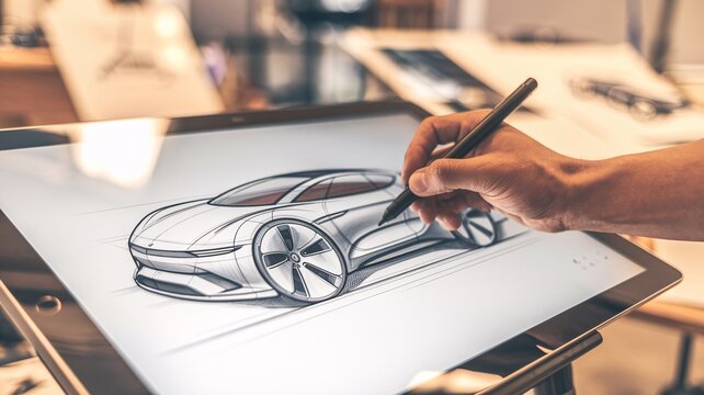 Digital Car Design in Progress. Artist sketching futuristic car on digital tablet in creative studio environment, showcasing innovative design process.