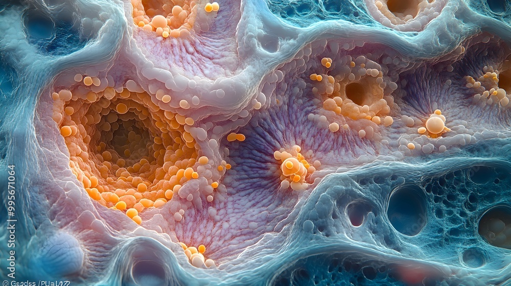 Poster detailed microscopic view of tissue sample with cellular structures and pathologies