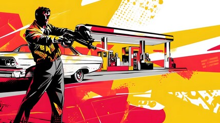 A Man Holding A Gun Standing Next To A Car At A Gas Station