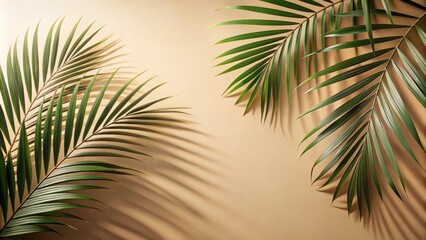 Naklejka premium Palm leaves shadow on beige background, freeze motion, palm leaves, shadow, beige background, sunlight, tropical, nature